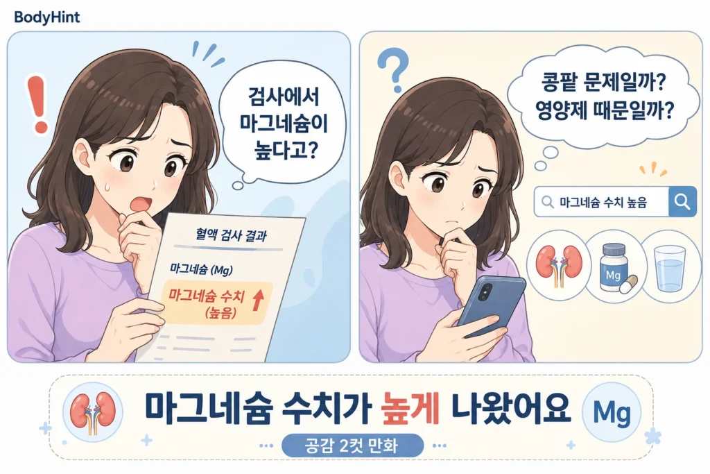 마그네슘 수치가 높게 나온 혈액검사 결과를 보고 놀란 뒤 휴대폰으로 콩팥 문제와 영양제 관련성을 검색하는 여성의 공감형 2컷 만화