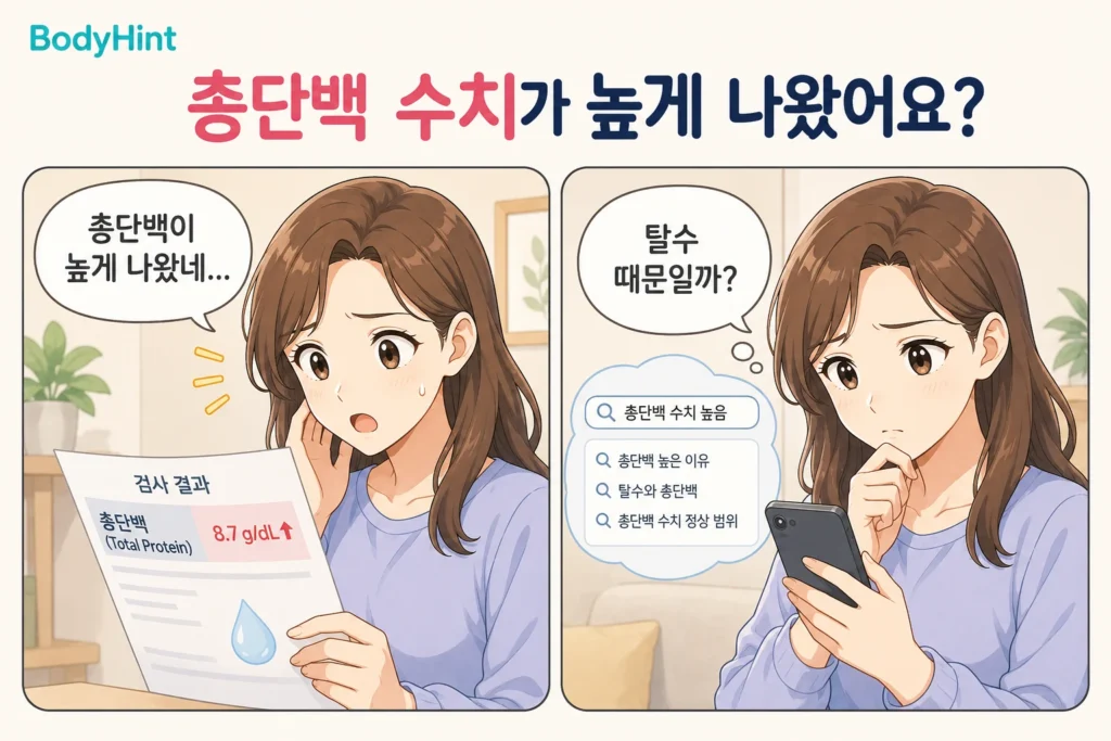 총단백 수치가 높게 나온 혈액검사 결과를 보고 놀란 뒤 휴대폰으로 탈수와 총단백 상승의 관련성을 검색하는 여성의 공감형 2컷 만화