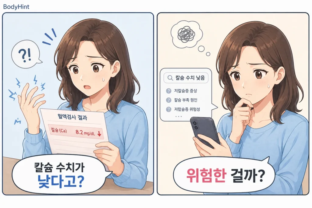 칼슘 수치가 낮게 나온 혈액검사 결과를 보고 놀란 뒤 휴대폰으로 저칼슘혈증 증상과 위험성을 검색하는 여성의 공감형 2컷 만화