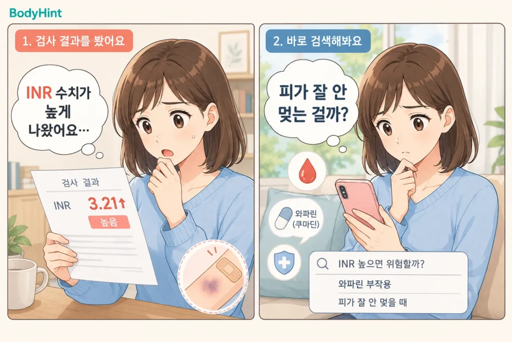 INR 수치가 높게 나온 검사 결과를 보고 놀란 뒤 휴대폰으로 피가 잘 안 멎는 이유와 와파린 관련 정보를 검색하는 여성의 공감형 2컷 만화