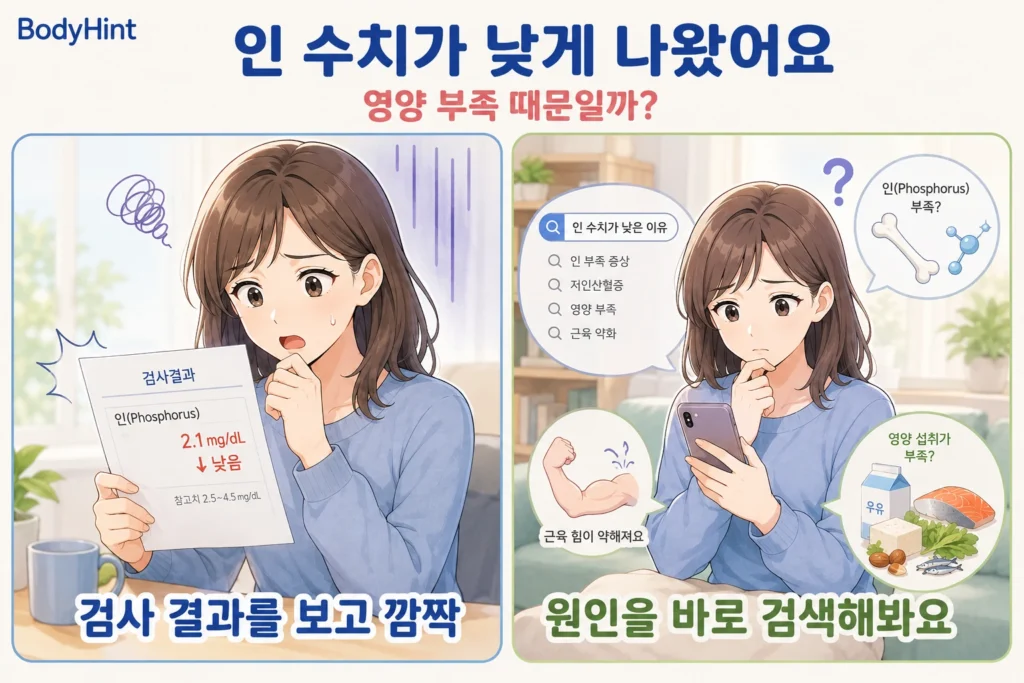 인 수치가 낮게 나온 혈액검사 결과를 보고 놀란 뒤 휴대폰으로 저인산혈증 원인과 영양 부족·근육 약화 관련 정보를 검색하는 여성의 공감형 2컷 만화