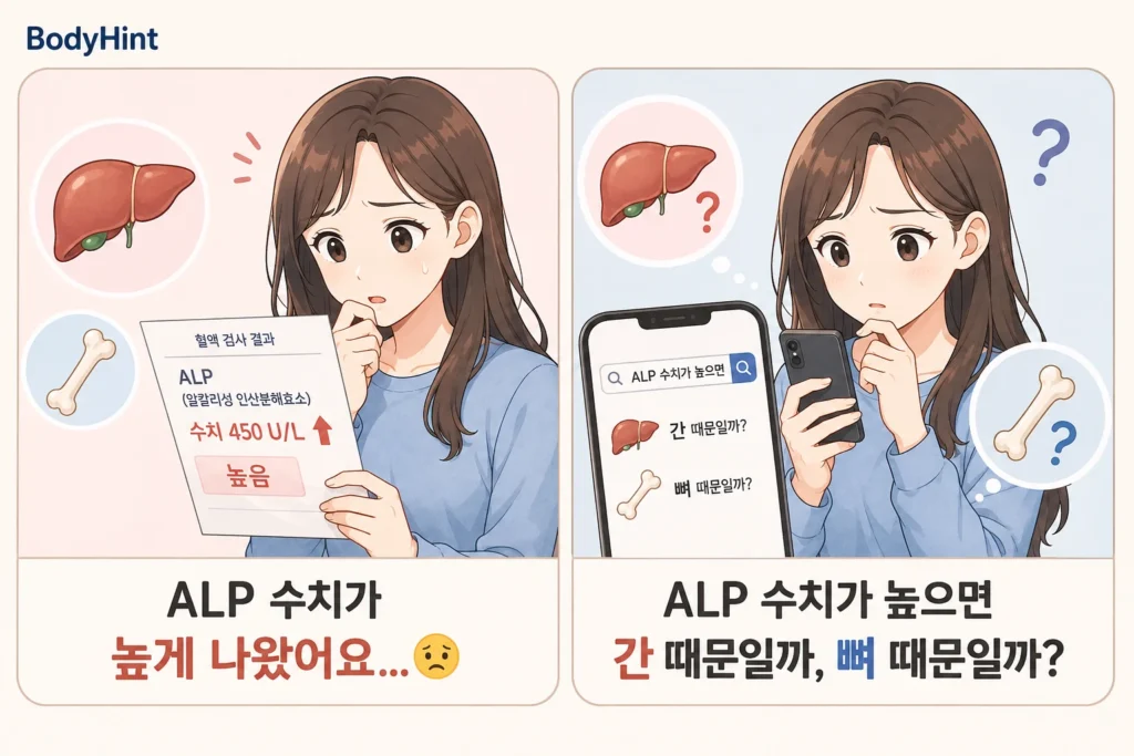ALP 수치가 높게 나온 검사 결과를 확인하고 간 때문인지 뼈 때문인지 걱정하며 스마트폰으로 검색하는 여성의 2컷 만화