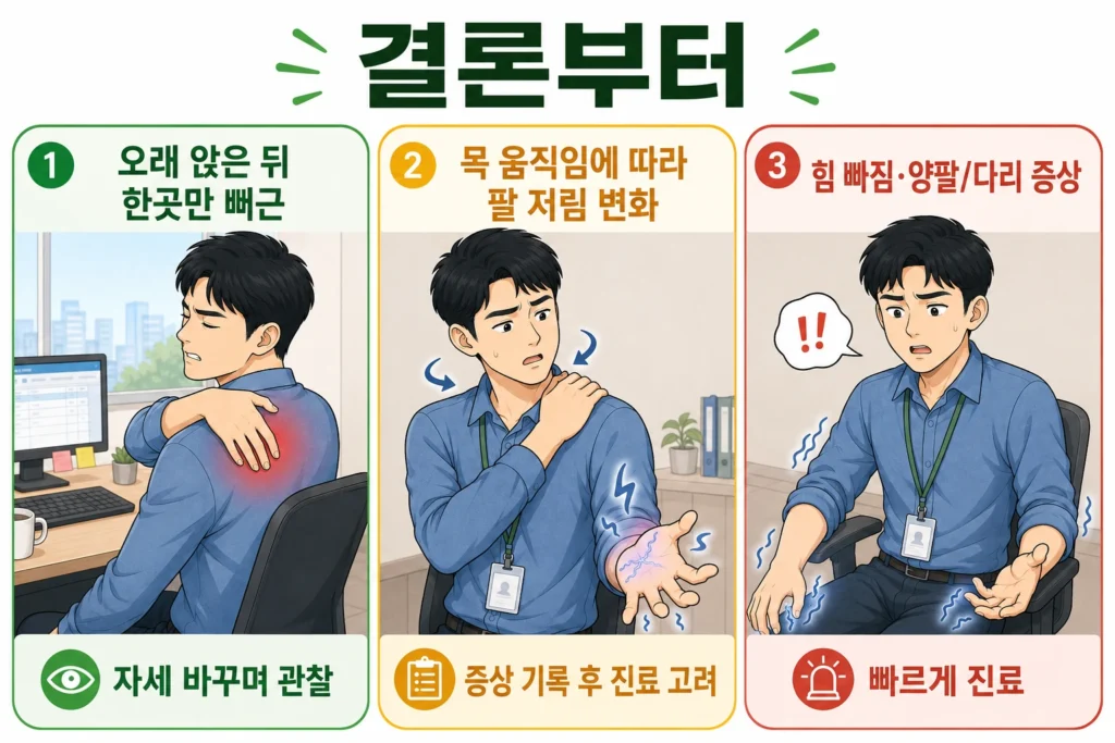 오래 앉은 뒤 날개뼈 안쪽 한곳만 뻐근한 경우, 목 움직임에 따라 팔 저림이 달라지는 경우, 팔 힘 빠짐과 양팔·다리 증상으로 빠른 진료가 필요한 경우를 대표 남성 캐릭터로 설명한 결론부터 3단계 이미지