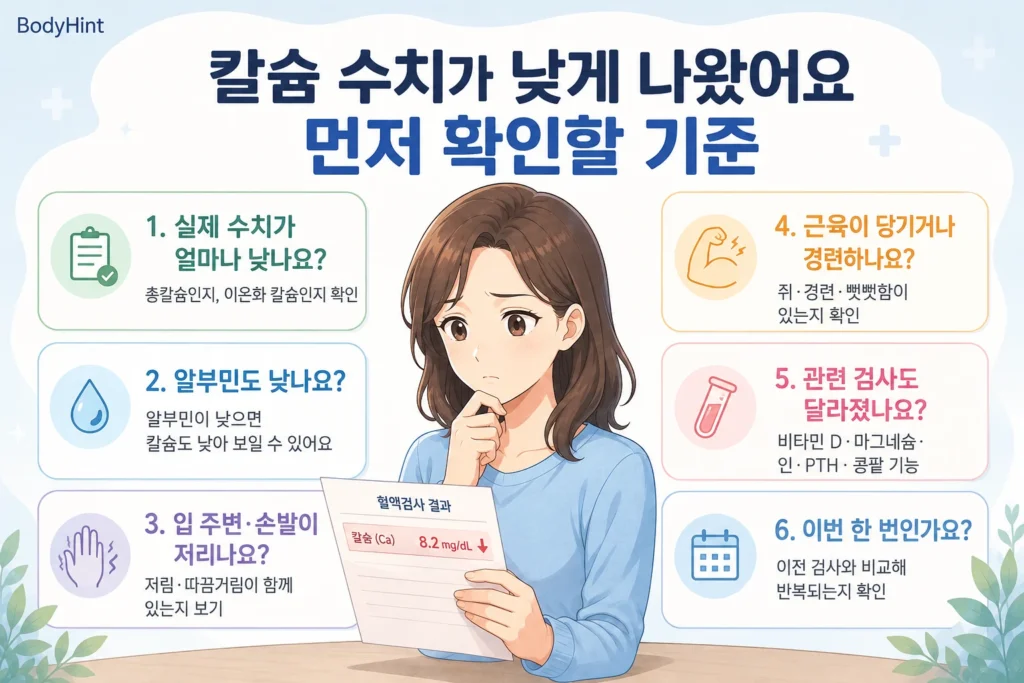 칼슘 수치가 낮게 나왔을 때 실제 수치와 이온화 칼슘, 알부민, 입 주변·손발 저림, 근육 경련, 비타민 D·마그네슘·인·부갑상선호르몬·콩팥 기능, 반복 여부를 확인하는 기준을 정리한 안내 이미지