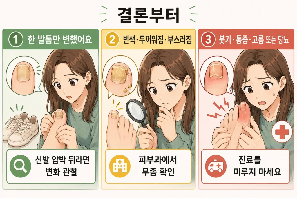 신발 압박 뒤 한 발톱만 변한 경우, 변색·두꺼워짐·부스러짐이 진행되어 피부과 확인이 필요한 경우, 붓기·통증·고름 또는 당뇨로 빠른 진료가 필요한 경우를 대표 여성 캐릭터로 설명한 결론부터 3단계 이미지