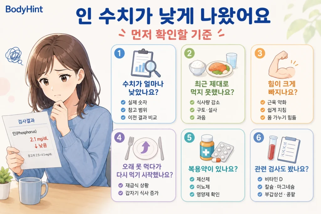 인 수치가 낮게 나왔을 때 실제 수치와 이전 결과, 최근 식사 상태, 근육 약화, 장기간 영양 부족 뒤 식사 재개, 복용약, 비타민 D·칼슘·마그네슘·부갑상선·콩팥 관련 검사를 확인하는 기준을 정리한 안내 이미지
