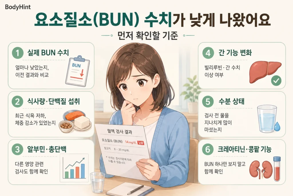 요소질소(BUN) 수치가 낮게 나왔을 때 실제 BUN 수치와 이전 결과, 식사량·단백질 섭취, 알부민·총단백, 간 기능 변화, 수분 상태, 크레아티닌·콩팥 기능을 확인하는 기준을 정리한 안내 이미지