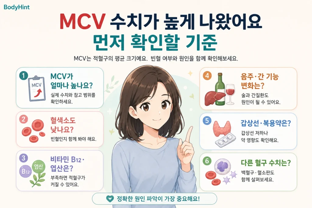 MCV 수치가 높게 나왔을 때 실제 MCV 수치, 혈색소, 비타민 B12·엽산, 음주·간 기능, 갑상선·복용약, 다른 혈구 수치를 먼저 확인하는 기준을 정리한 안내 이미지