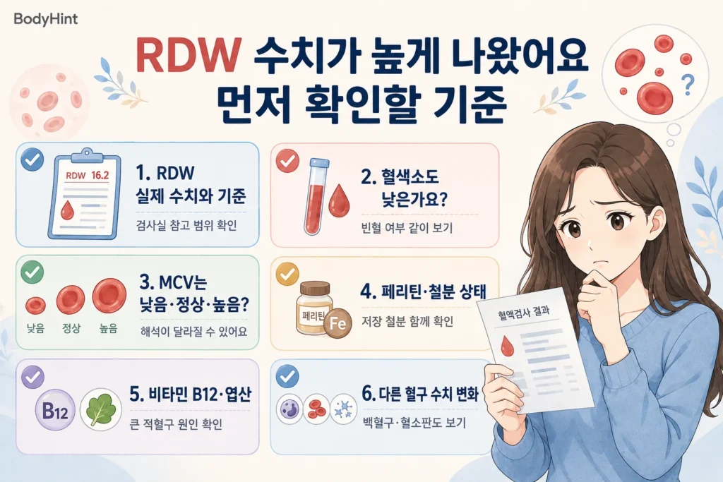 RDW 수치가 높게 나왔을 때 실제 RDW 수치와 혈색소, MCV, 페리틴·철분 상태, 비타민 B12·엽산, 다른 혈구 수치 변화를 먼저 확인하는 기준을 정리한 안내 이미지