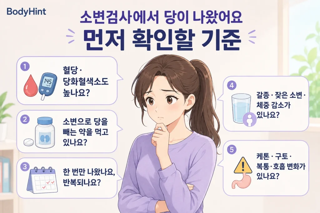 소변검사에서 당이 나왔을 때 혈당과 당화혈색소, 복용약, 반복 여부, 갈증과 잦은 소변, 케톤과 심한 증상을 먼저 확인하는 기준을 정리한 안내 이미지