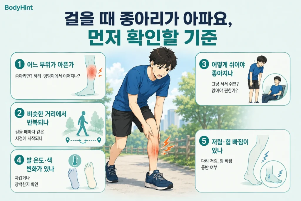 걸을 때 종아리 통증이 있을 때 아픈 부위, 비슷한 거리에서의 반복 여부, 쉬는 방법, 발의 온도와 색 변화, 저림과 힘 빠짐을 확인하는 일본애니풍 BodyHint 인포그래픽