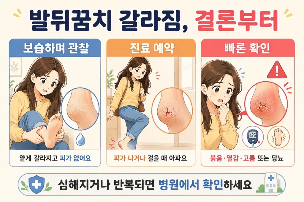 발뒤꿈치가 얕게 갈라지고 피가 없을 때는 보습하며 관찰하고, 피가 나거나 걸을 때 아프면 진료를 예약하며, 붉음·열감·고름 또는 당뇨가 있으면 빠르게 확인해야 한다는 결론부터 3단계 이미지