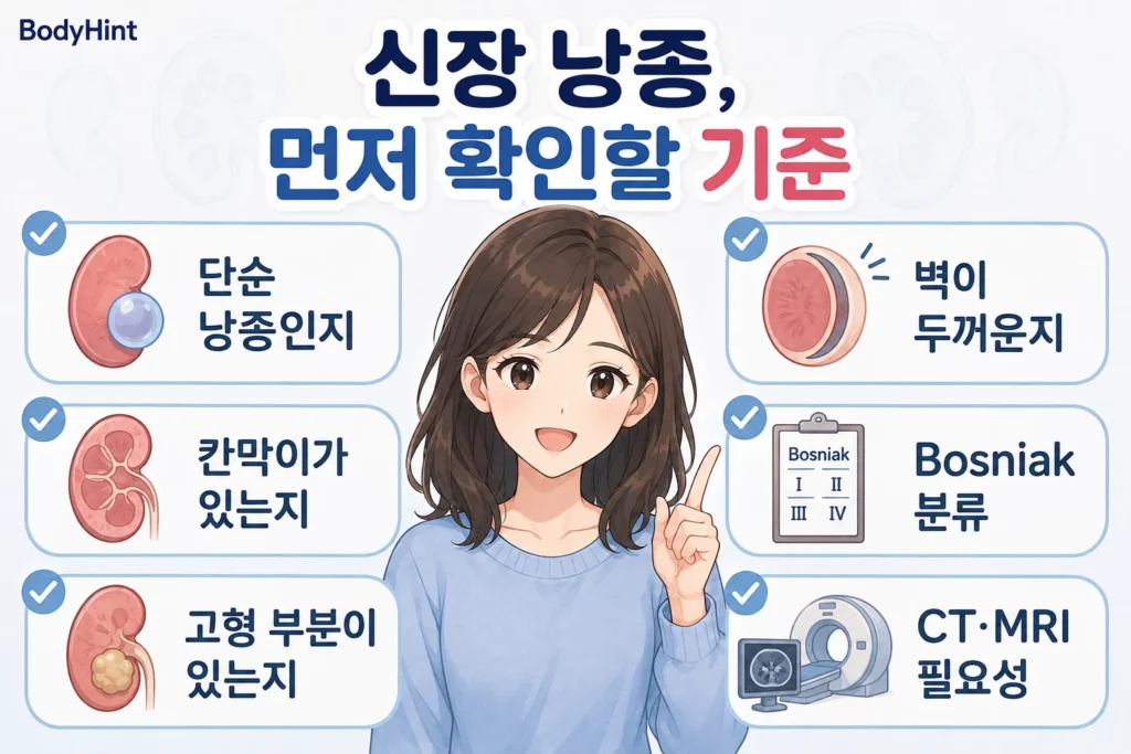 신장 낭종이 발견됐을 때 단순 낭종 여부, 칸막이, 두꺼운 벽, 고형 부분, Bosniak 분류와 CT·MRI 필요성을 확인하는 BodyHint 인포그래픽