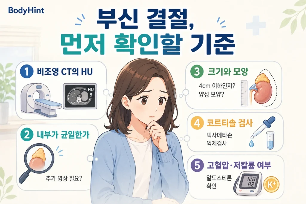 부신 결절이 발견됐을 때 비조영 CT의 HU, 내부 균일성, 크기와 모양, 코르티솔 검사, 고혈압과 저칼륨 여부를 확인하는 BodyHint 인포그래픽
