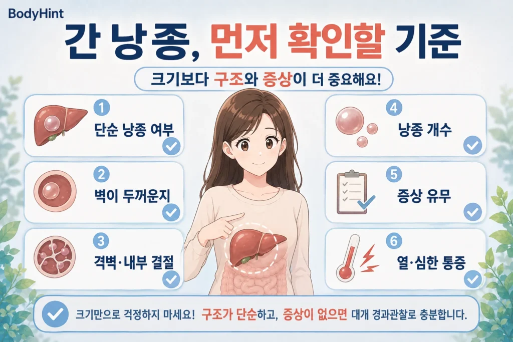 간 낭종이 발견됐을 때 단순 낭종 여부, 낭종 벽의 두께, 격벽과 내부 결절, 낭종 개수, 증상과 발열 여부를 먼저 확인하는 BodyHint 인포그래픽