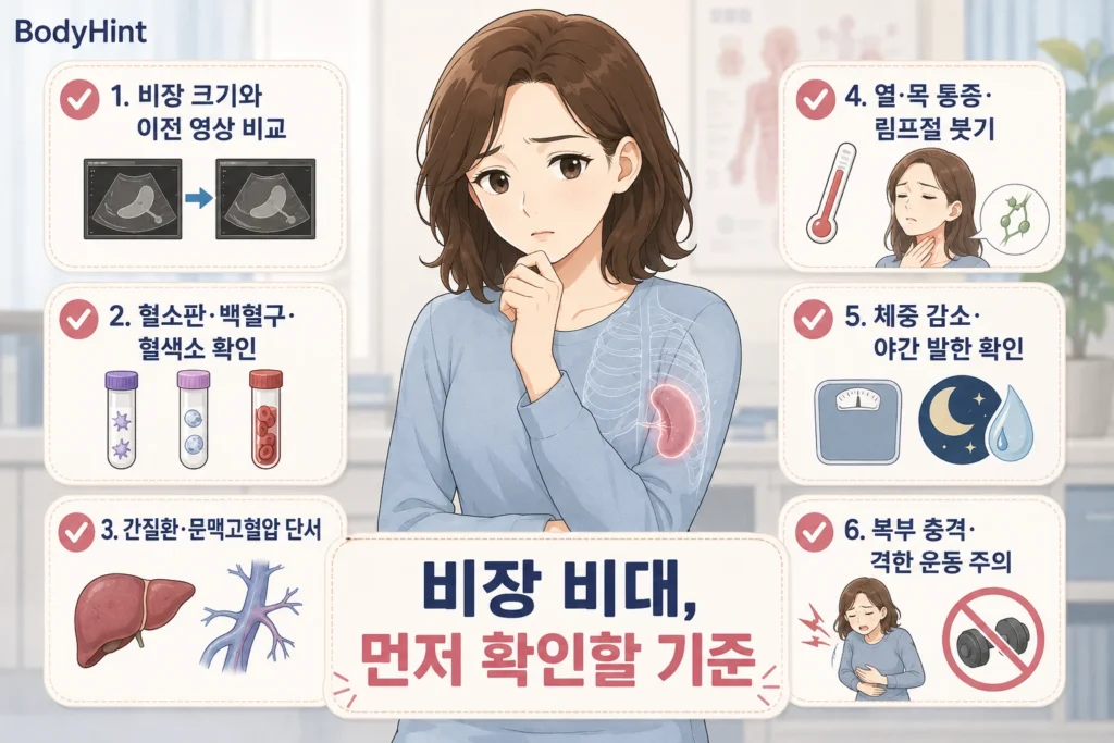 비장 비대가 발견됐을 때 비장 크기와 이전 영상, 혈소판·백혈구·혈색소, 간질환과 문맥고혈압, 감염 증상, 체중 감소와 야간 발한, 복부 충격 여부를 확인하는 BodyHint 인포그래픽