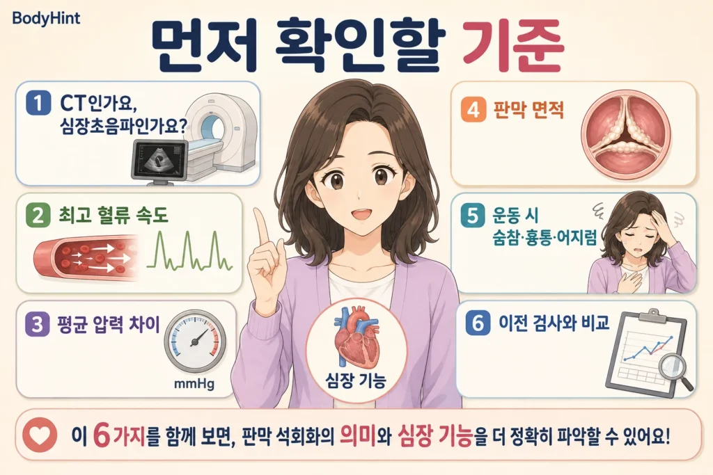 대동맥 판막 석회화 발견 후 CT와 심장초음파 여부, 최고 혈류 속도, 평균 압력 차이, 판막 면적, 운동 시 숨참·흉통·어지럼, 이전 검사 변화를 확인하는 기준