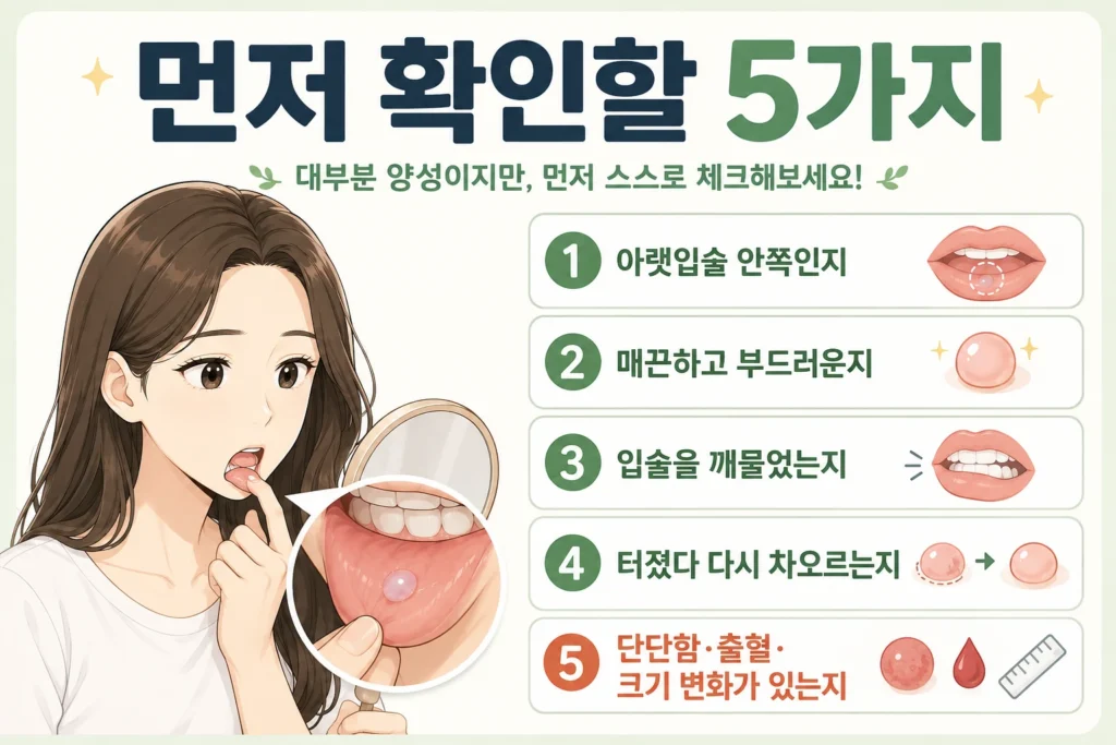 아랫입술 안쪽의 혹이 매끈하고 부드러운지, 입술을 깨물었는지, 터진 뒤 다시 차오르는지, 단단함·출혈·크기 변화가 있는지 확인하는 5가지 이미지