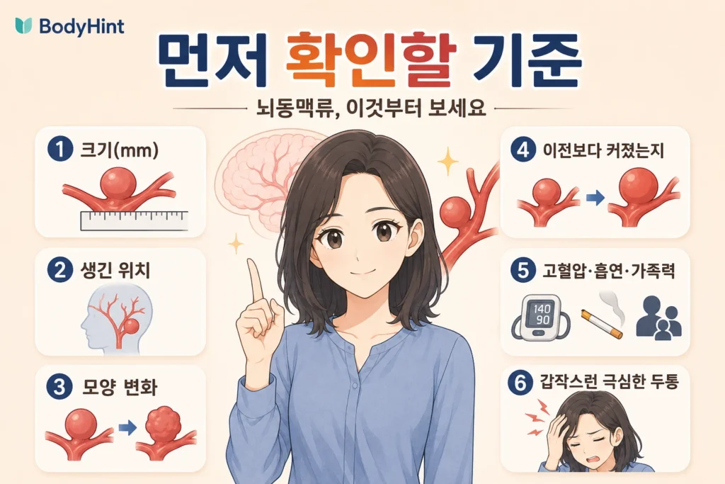 뇌동맥류 발견 후 크기, 생긴 위치, 모양 변화, 이전보다 커졌는지, 고혈압·흡연·가족력, 갑작스러운 극심한 두통을 확인하는 기준