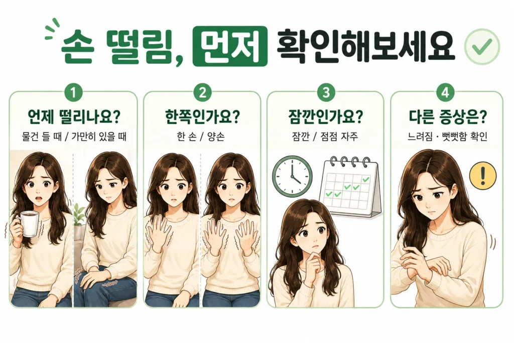 손 떨림이 물건을 들 때와 가만히 있을 때 중 언제 나타나는지, 한쪽과 양쪽 여부, 지속 양상, 느려짐·뻣뻣함 같은 동반 증상을 대표 여성 캐릭터로 보여주는 확인 이미지