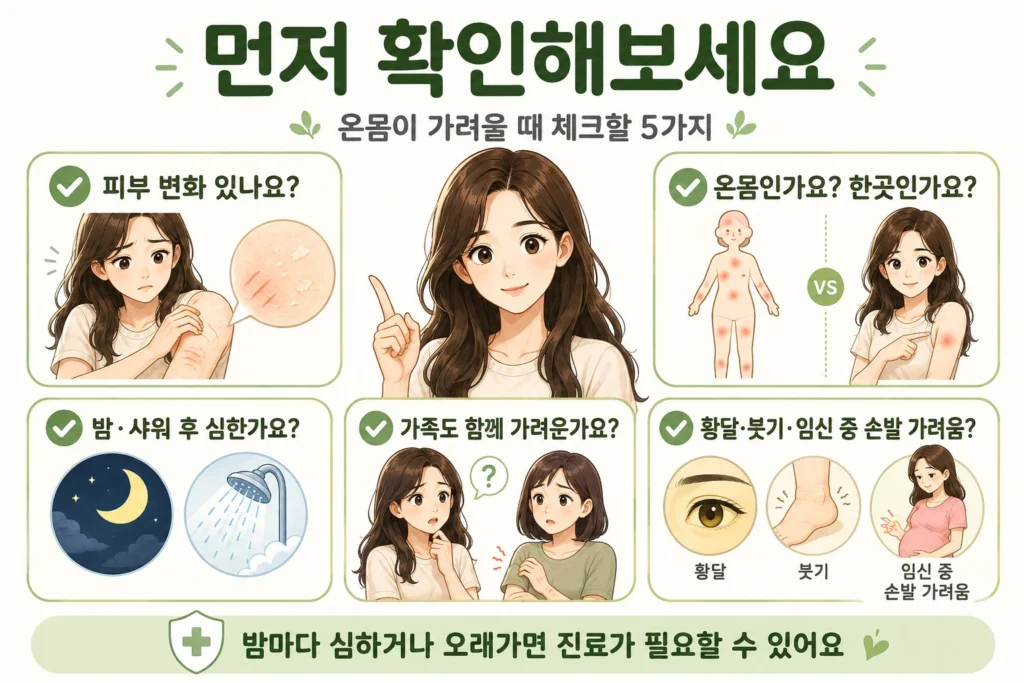 온몸이 가려울 때 피부 변화, 가려운 범위, 밤과 샤워 후 악화 여부, 가족의 동반 증상, 황달·부기·임신 중 손발 가려움을 대표 여성 캐릭터로 보여주는 확인 이미지