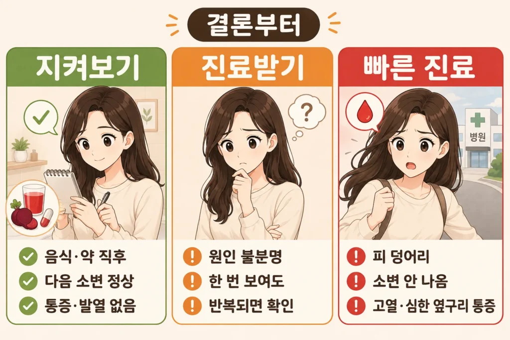 붉은 소변이 보일 때 지켜보기, 진료받기, 빠른 진료가 필요한 경우를 대표 여성 캐릭터로 설명한 3단계 이미지