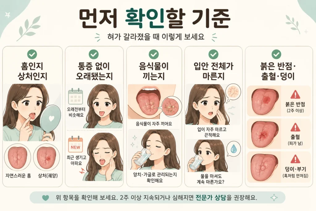 혀가 갈라졌을 때 홈과 상처 구분, 지속 기간, 음식물 끼임, 입마름, 붉은 반점·출혈·덩이를 확인하는 여성 캐릭터 안내 이미지