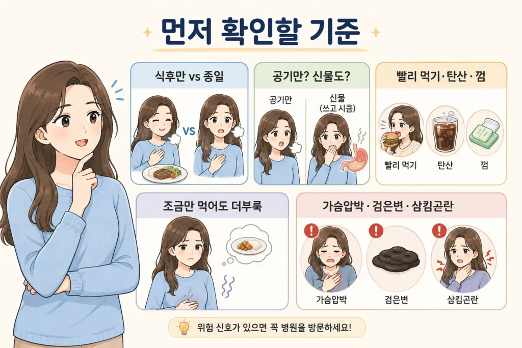 트림이 자주 날 때 식후에만 나타나는지, 신물이 함께 올라오는지, 빨리 먹기·탄산·껌 습관이 있는지, 조금만 먹어도 더부룩한지, 가슴 압박·검은 변·삼킴 곤란 같은 위험 신호가 있는지 확인하는 여성 캐릭터 안내 이미지