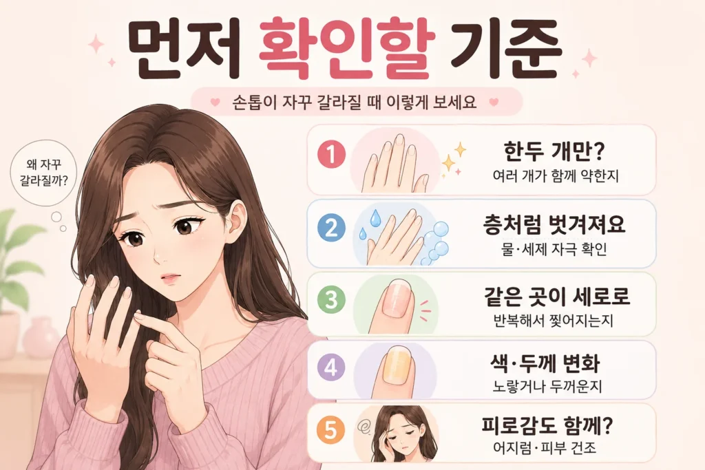 갈라지는 손톱을 살펴보는 긴 갈색 머리 여성과 손톱 개수·층 벗겨짐·세로 갈라짐·색과 두께·피로감을 확인하는 기준