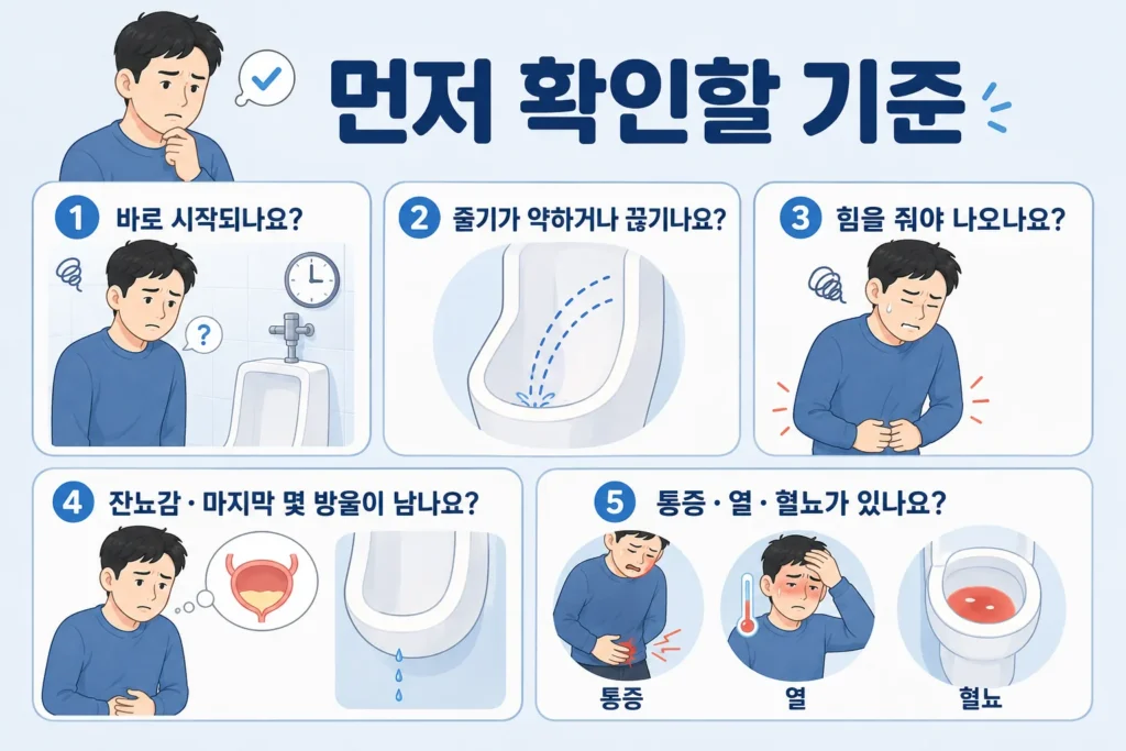 짧은 검은 머리 남성이 소변 시작 지연, 약하거나 끊기는 줄기, 힘주기, 잔뇨감과 마지막 방울, 통증·열·혈뇨를 확인하는 기준
