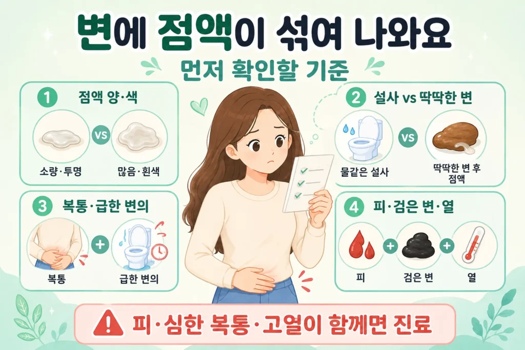 긴 갈색 머리 여성이 점액의 양과 색, 설사와 딱딱한 변, 복통과 급한 변의, 피·검은 변·열을 확인하는 기준