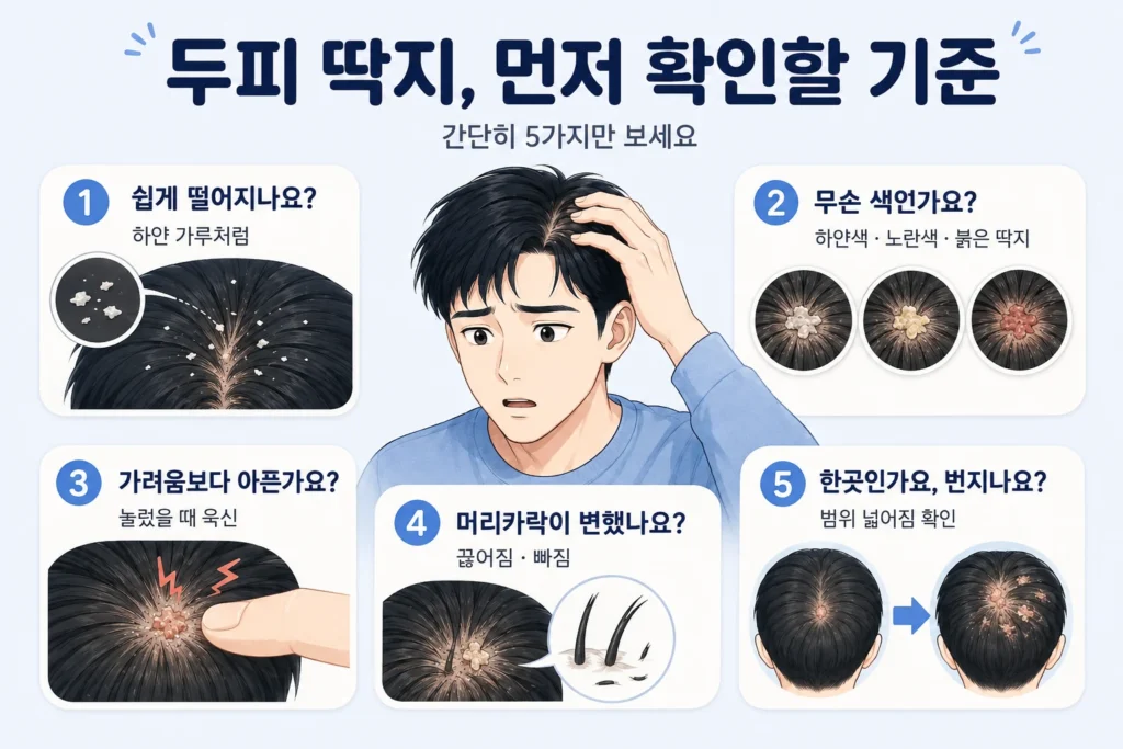 짧은 검은 머리의 남성이 두피 딱지를 확인하며 각질이 쉽게 떨어지는지, 딱지 색과 통증, 머리카락 변화, 번지는 범위를 살펴보는 모습