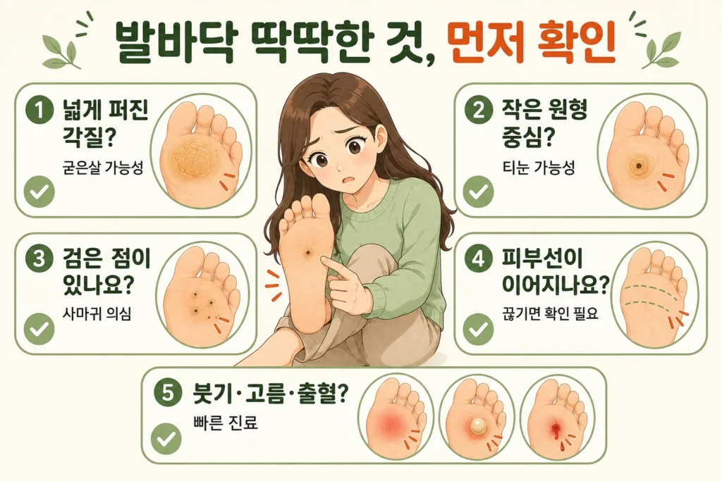 긴 갈색 머리의 여성이 발바닥의 딱딱한 병변을 살펴보며 넓은 각질인지 작은 원형 중심인지, 검은 점과 피부선 변화가 있는지, 붓기·고름·출혈이 동반되는지를 확인하는 안내 이미지