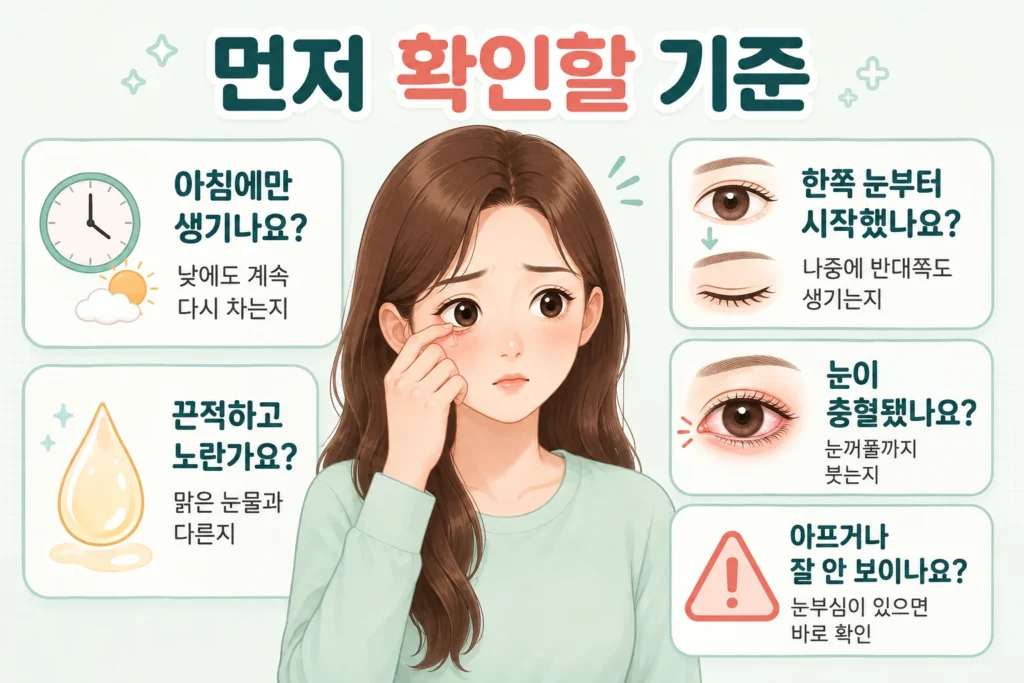 긴 갈색 머리의 여성이 눈 상태를 살펴보며 아침에만 생기는지, 노랗고 끈적인지, 한쪽 눈부터 시작했는지, 충혈과 통증·시야 변화를 확인하는 안내 이미지