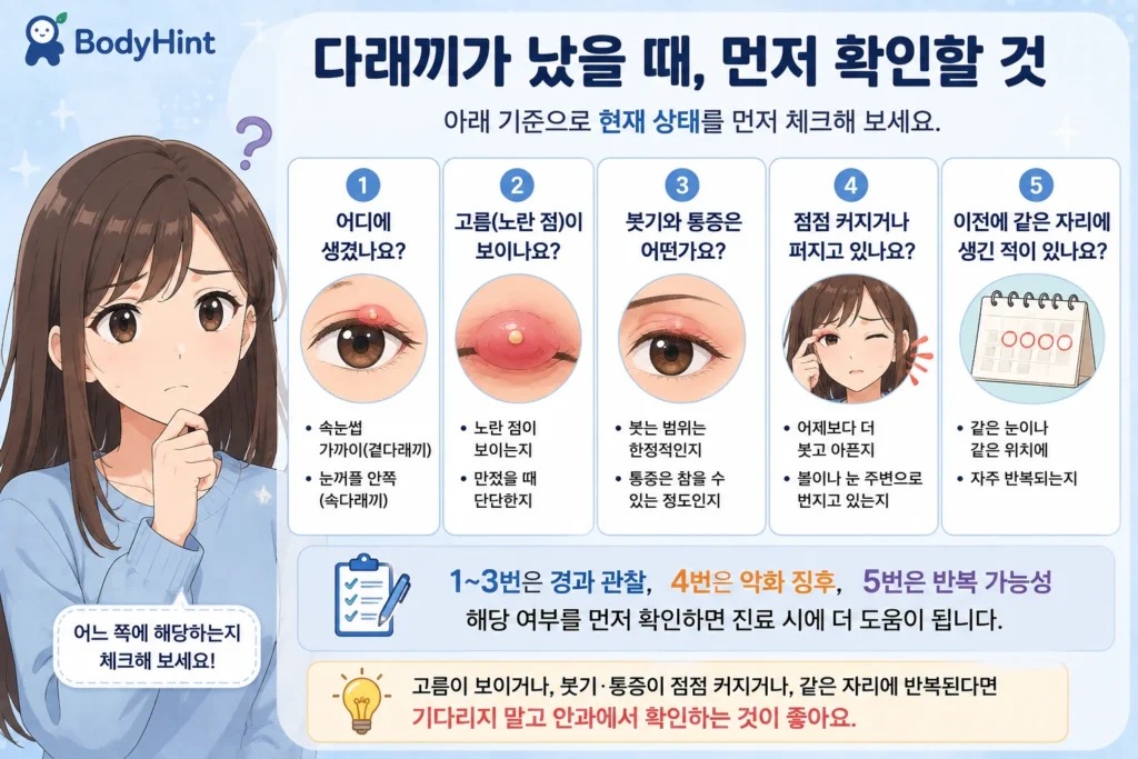 긴 갈색 머리의 20대 여성 대표캐릭터가 다래끼 상태를 살펴보며 생긴 위치, 노란 고름점, 붓기와 통증, 퍼지는 범위, 같은 자리 재발 여부를 5개 카드로 확인하는 안내 이미지
