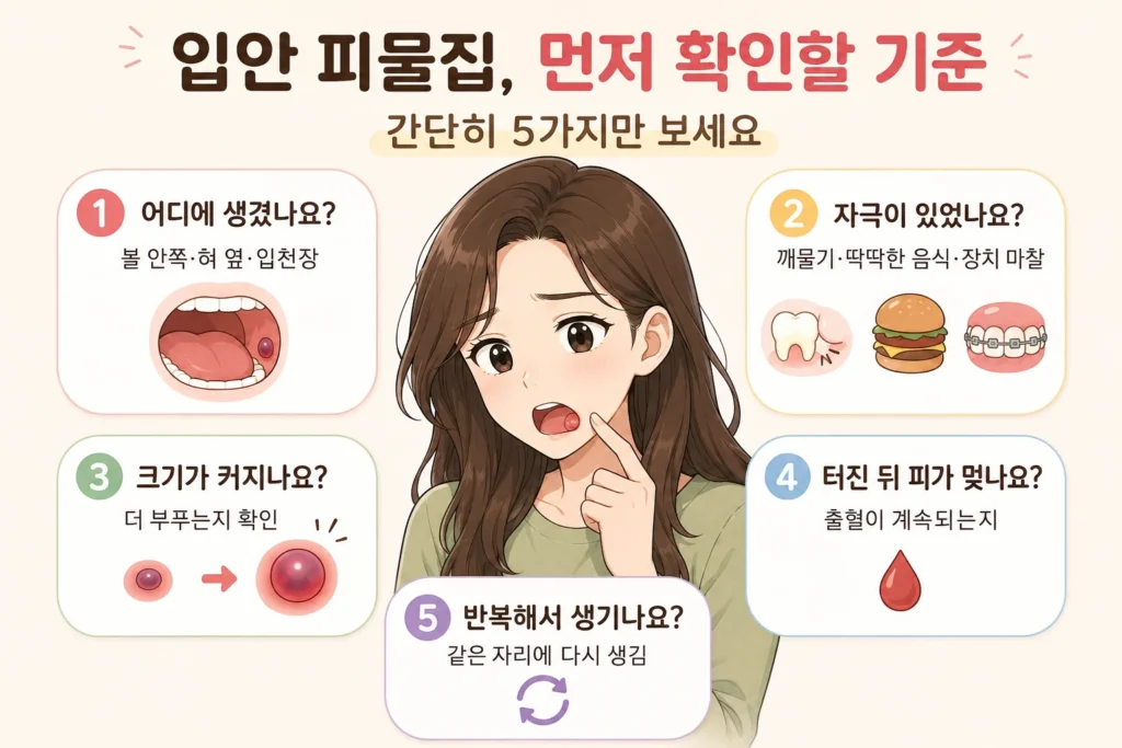 입안 피물집이 생겼을 때 위치, 자극 여부, 크기 변화, 출혈, 반복 여부를 확인하는 5가지 기준을 대표캐릭터와 함께 정리한 이미지