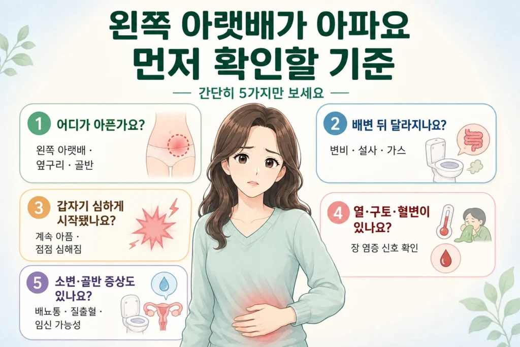 왼쪽 아랫배 통증이 있을 때 정확한 위치, 배변 뒤 변화, 갑작스러운 심한 통증, 열·구토·혈변, 소변·골반 증상을 여성 대표캐릭터와 함께 확인하는 이미지