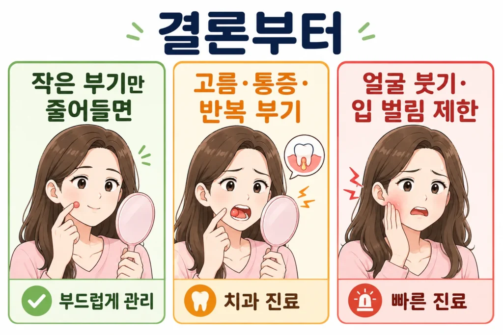한쪽 잇몸이 부었을 때 작은 부기가 줄어들면 부드럽게 관리하고, 고름주머니·통증·반복 부기가 있으면 치과 진료를 받으며, 얼굴 붓기와 입 벌림 제한이 있으면 빠르게 진료해야 함을 대표 여성 캐릭터로 보여주는 3단계 이미지