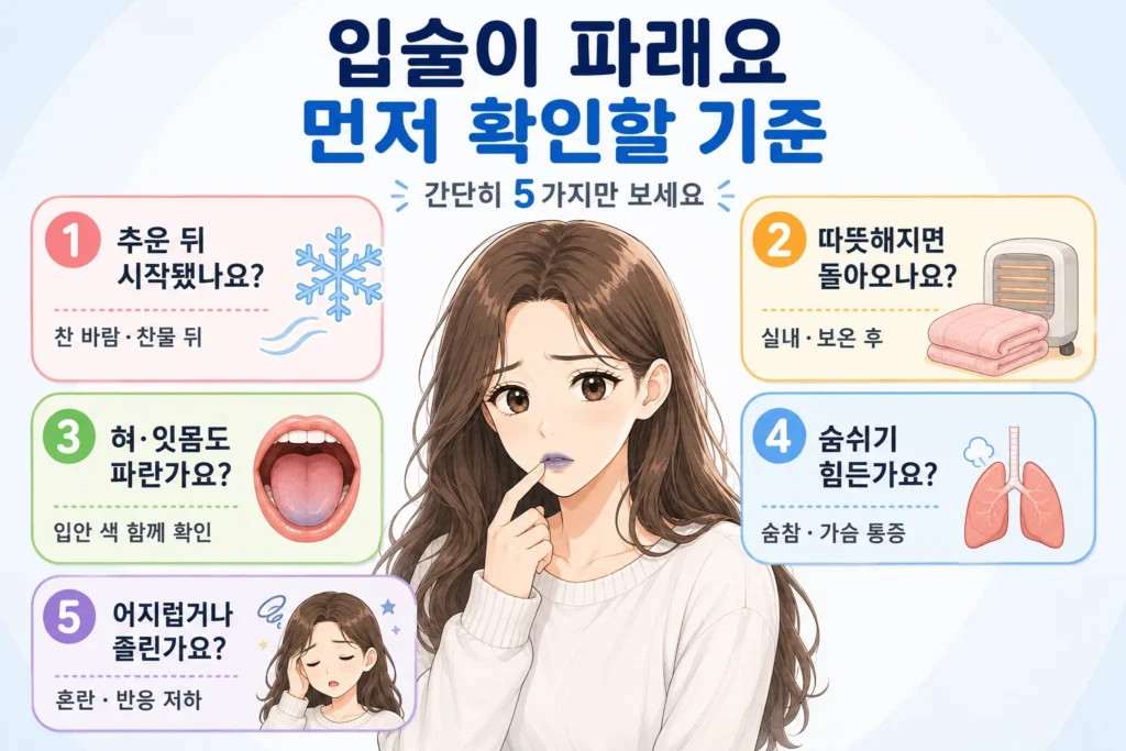 입술이 파랗게 보일 때 추위 뒤 시작됐는지, 따뜻해지면 돌아오는지, 혀·잇몸도 파란지, 숨쉬기 어려운지, 어지럽거나 졸린지를 여성 대표캐릭터와 5개 카드로 보여주는 먼저 확인할 기준 이미지