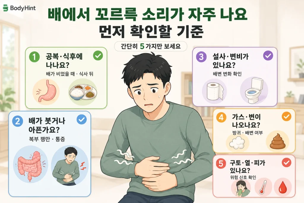 배에서 꼬르륵 소리가 자주 날 때 공복·식후 여부, 복부 팽만과 통증, 설사·변비, 가스와 변 배출, 구토·열·피 섞인 변 여부를 남성 대표캐릭터와 5개 카드로 보여주는 먼저 확인할 기준 이미지