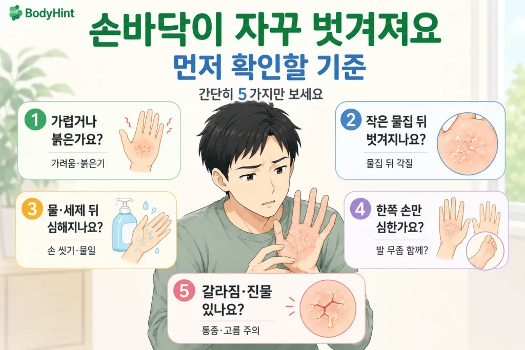 손바닥이 자꾸 벗겨질 때 가려움·붉은기, 작은 물집 뒤 벗겨짐, 물·세제 노출, 한쪽 손만 심한지, 갈라짐·진물 여부를 일본 애니풍 남성 대표캐릭터와 5개 카드로 보여주는 먼저 확인할 기준 이미지