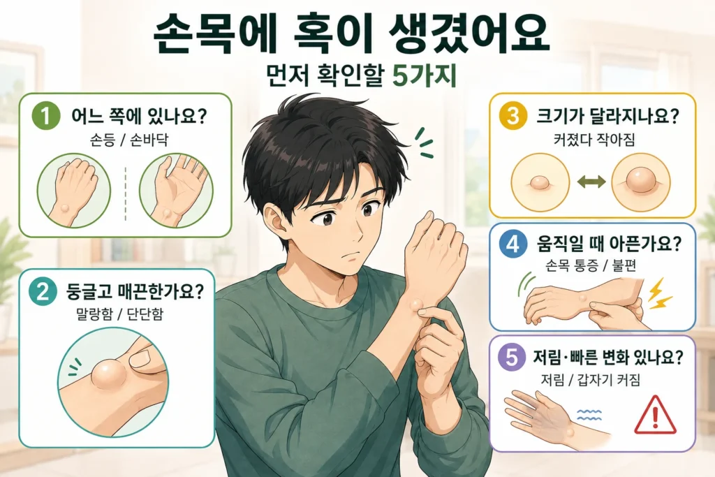 손목에 혹이 생겼을 때 손등·손바닥 위치, 둥글고 매끈한지, 크기가 달라지는지, 손목을 움직일 때 아픈지, 저림이나 빠른 크기 변화가 있는지를 일본 애니풍 남성 대표캐릭터와 5개 카드로 보여주는 먼저 확인할 기준 이미지