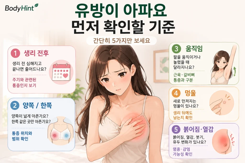 유방 통증이 있을 때 생리 전후 변화, 양쪽인지 한쪽인지, 움직임에 따른 변화, 새 멍울, 붉어짐과 열감을 확인하는 5가지 기준을 일본풍 애니 여성 캐릭터와 함께 정리한 이미지