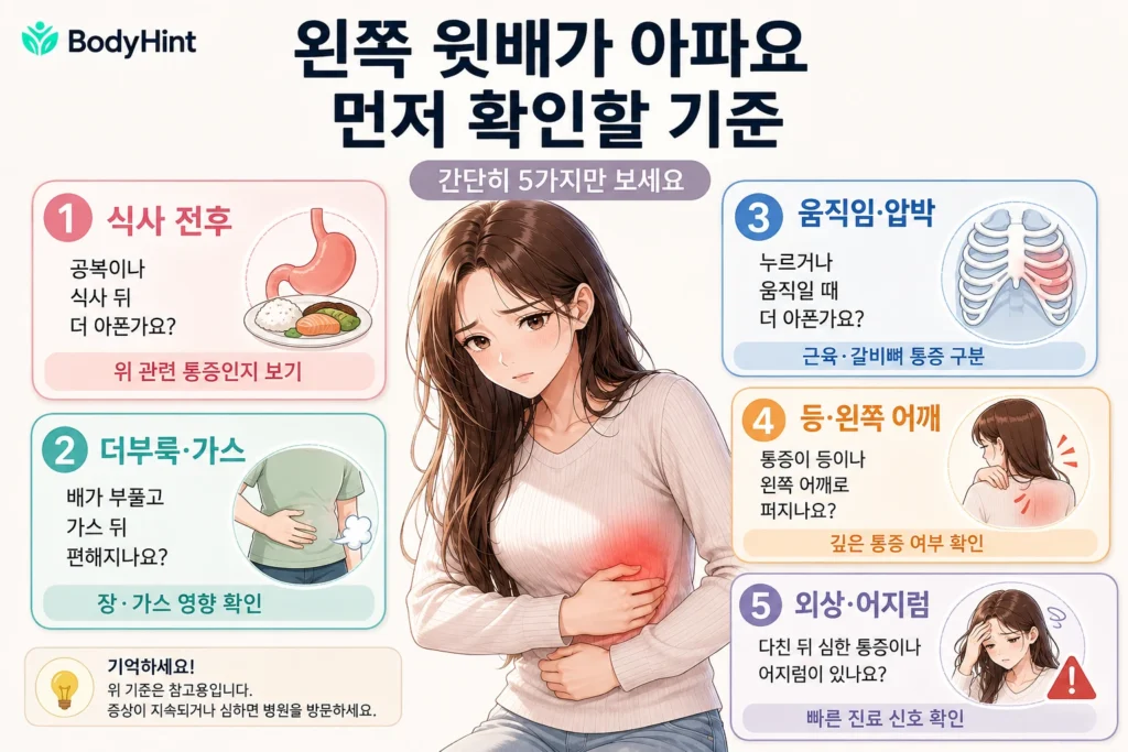 왼쪽 윗배 통증이 있을 때 식사 전후 변화, 더부룩함과 가스, 움직임·압박에 따른 통증, 등·왼쪽 어깨로 퍼지는 통증, 외상 뒤 심한 통증과 어지럼을 확인하는 5가지 기준을 일본풍 애니 여성 대표캐릭터와 함께 정리한 이미지