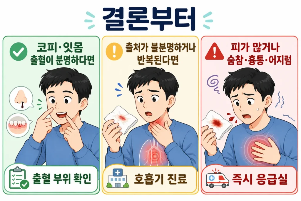 가래에 피가 섞였을 때 코피·잇몸 출혈이 분명하면 출혈 부위를 확인하고, 출처가 불분명하거나 반복되면 호흡기 진료를 받으며, 피가 많고 숨참·흉통·어지럼이 있으면 즉시 응급실로 가야 함을 대표 남성 캐릭터로 보여주는 3단계 이미지