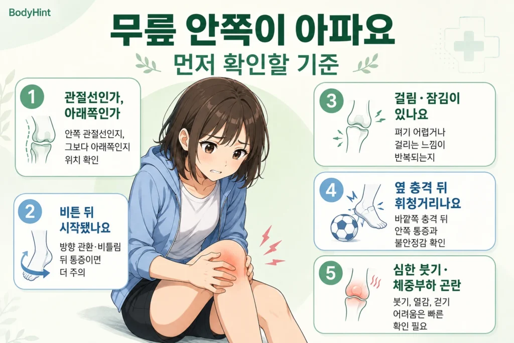 무릎 안쪽 통증이 있을 때 관절선과 아래쪽 통증 위치, 비튼 뒤 시작 여부, 걸림·잠김, 옆 충격 뒤 불안정감, 심한 붓기와 체중부하 곤란을 확인하는 5가지 기준을 일본풍 애니 여성 대표캐릭터와 함께 정리한 이미지
