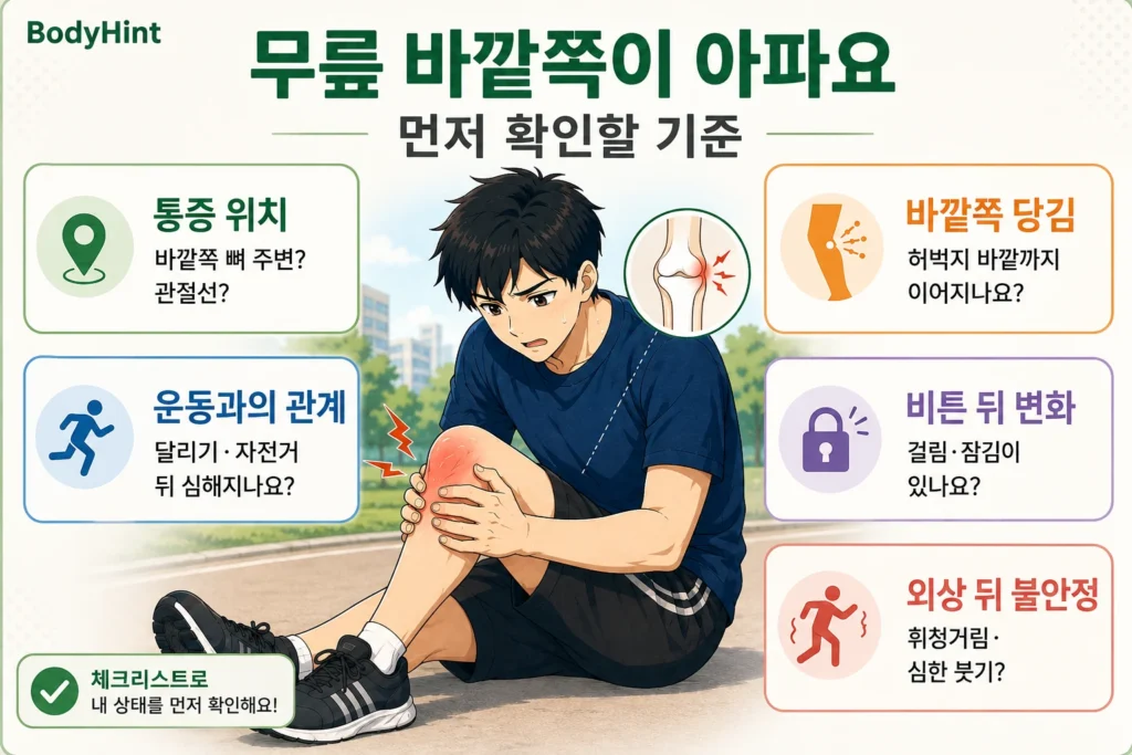무릎 바깥쪽 통증이 있을 때 정확한 통증 위치, 달리기·자전거와의 관계, 허벅지 바깥으로 이어지는 당김, 비틀림 뒤 걸림·잠김, 외상 뒤 휘청거림과 심한 붓기를 확인하는 기준을 일본풍 애니 남성 대표캐릭터와 함께 정리한 이미지