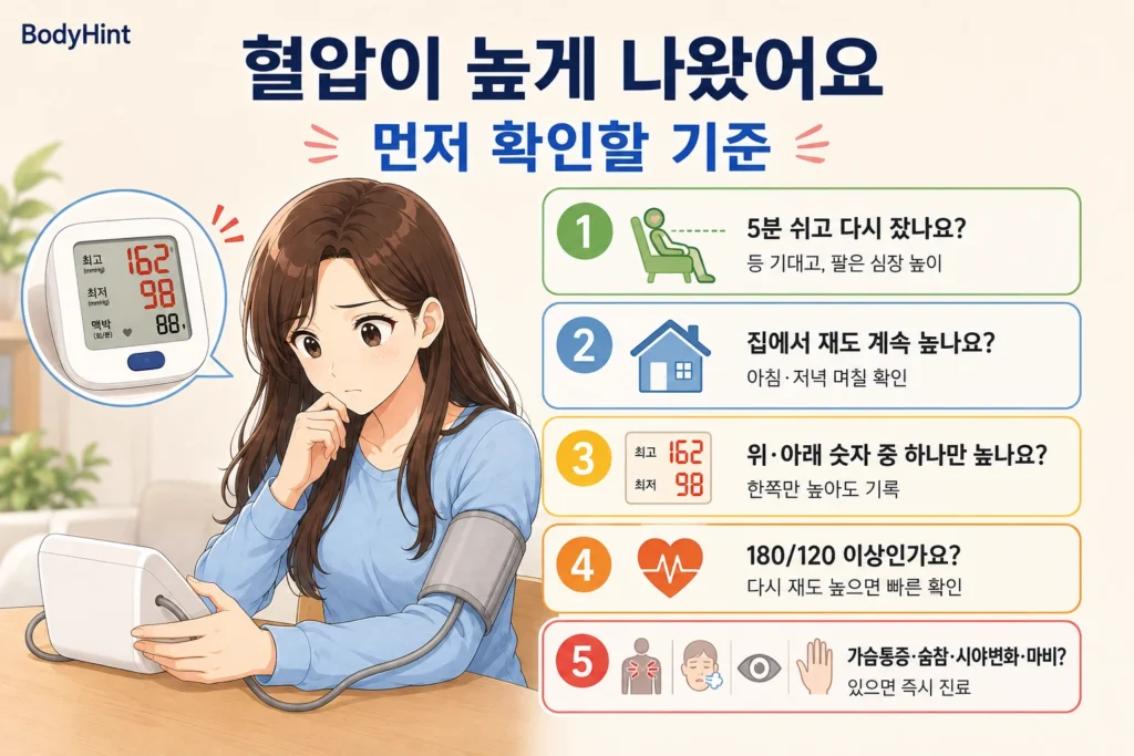 혈압이 높게 나왔을 때 5분 휴식 후 재측정, 집에서도 반복해서 높은지, 위·아래 혈압 중 하나만 높은지, 180/120 이상인지, 가슴 통증·숨참·시야 변화·마비 같은 응급 증상이 있는지를 일본풍 애니 여성 대표캐릭터와 함께 정리한 이미지
