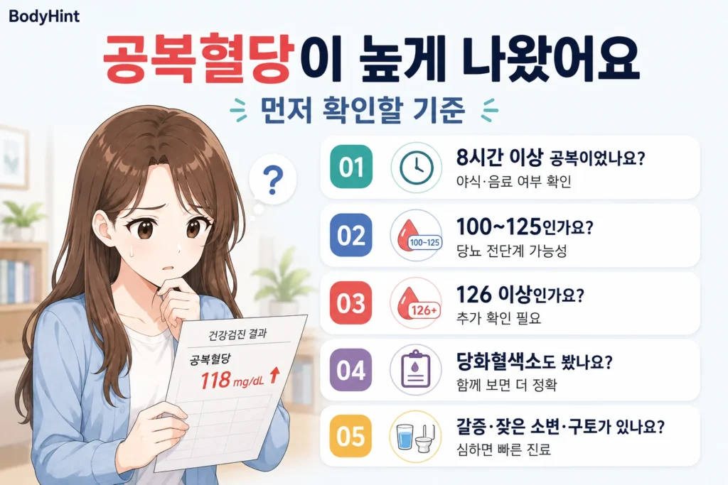 공복혈당이 높게 나왔을 때 8시간 이상 공복 여부, 공복혈당 100~125mg/dL인지, 126mg/dL 이상인지, 당화혈색소 결과, 갈증·잦은 소변·구토 같은 증상을 확인하는 5가지 기준을 일본풍 애니 여성 대표캐릭터와 함께 정리한 이미지