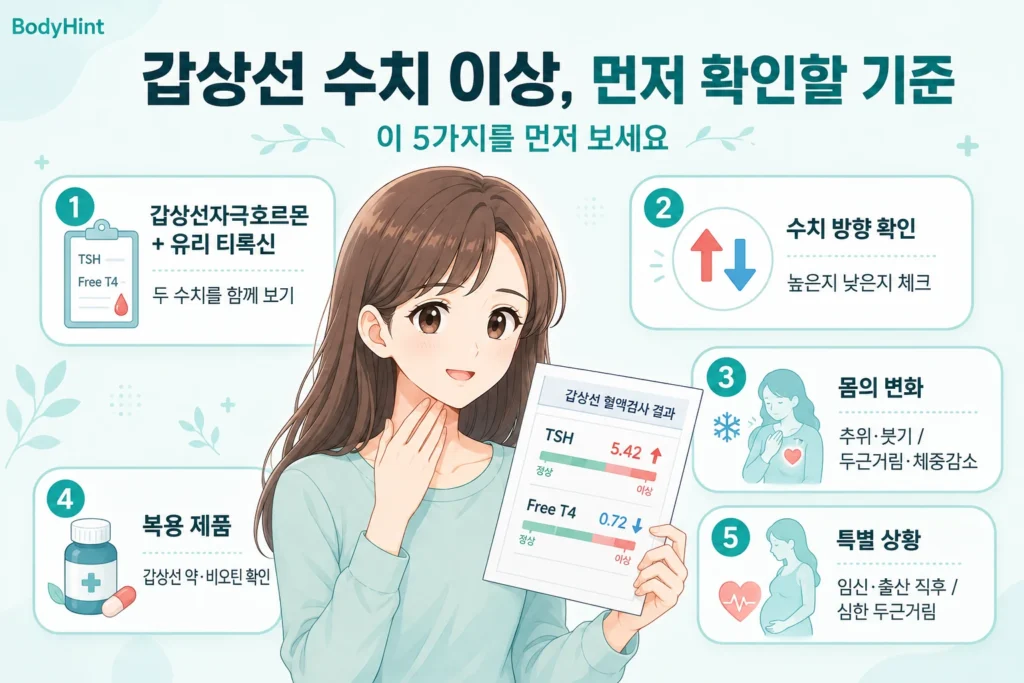 갑상선 수치가 이상하게 나왔을 때 갑상선자극호르몬과 유리 티록신을 함께 보고, 수치가 높거나 낮은 방향, 추위·붓기·두근거림·체중 변화, 복용 중인 갑상선 약·비오틴, 임신·출산 직후 같은 특별한 상황을 확인하는 기준을 일본풍 애니 여성 대표캐릭터와 함께 정리한 이미지